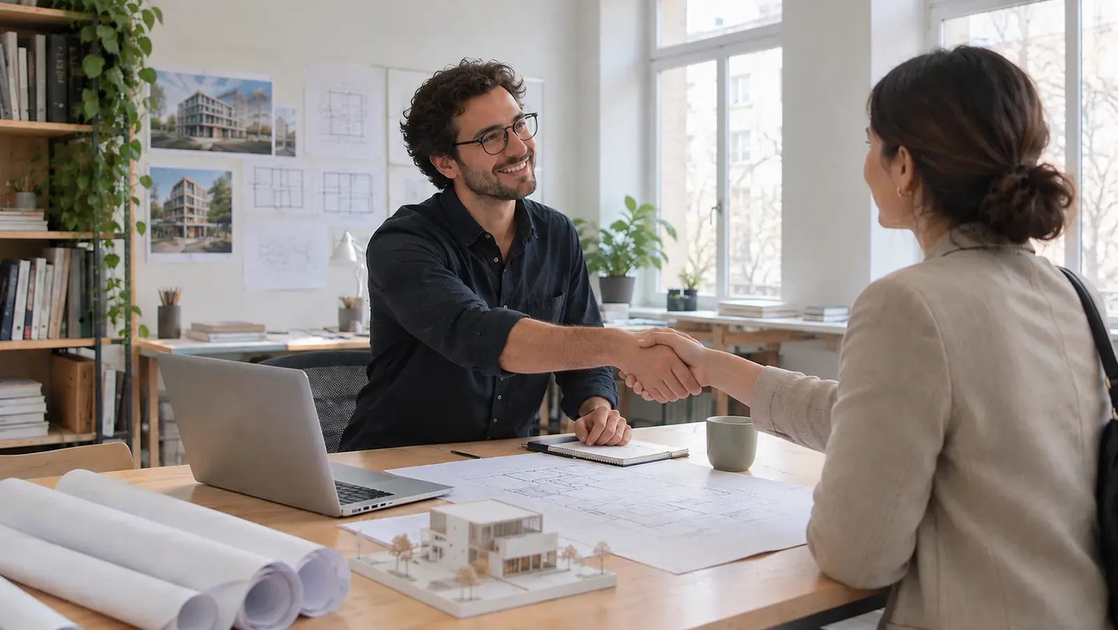 Arquitecto cerrando un proyecto con un cliente.