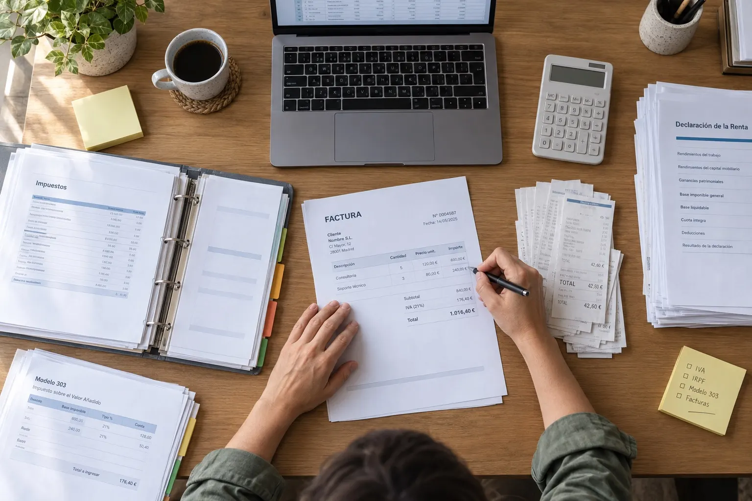 Mujer revisando su facturación y cuadrando impuestos.