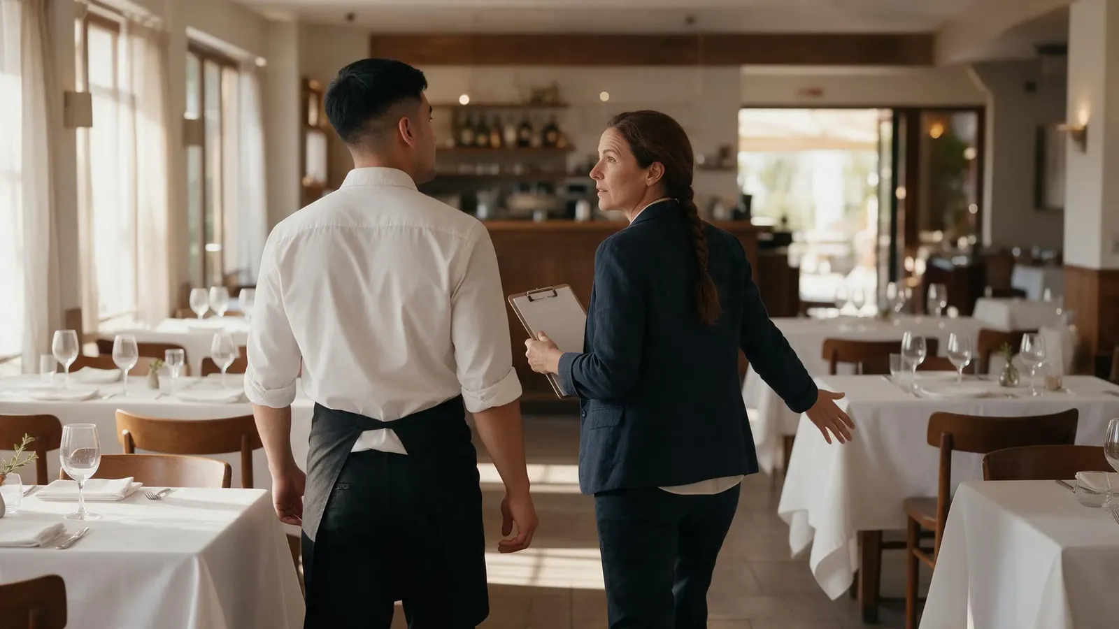 Equipo de RR.HH haciendo onboarding a trabajador en restaurante.
