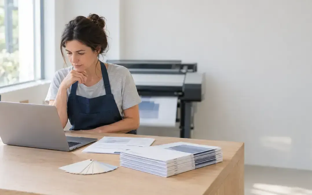 Mujer en taller creando una factura proforma.